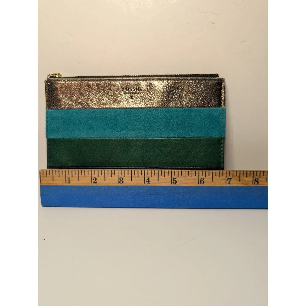Fossil Striped Mixed‎ Leather Zip Pouch Clutch Navy Teal Green Metallic